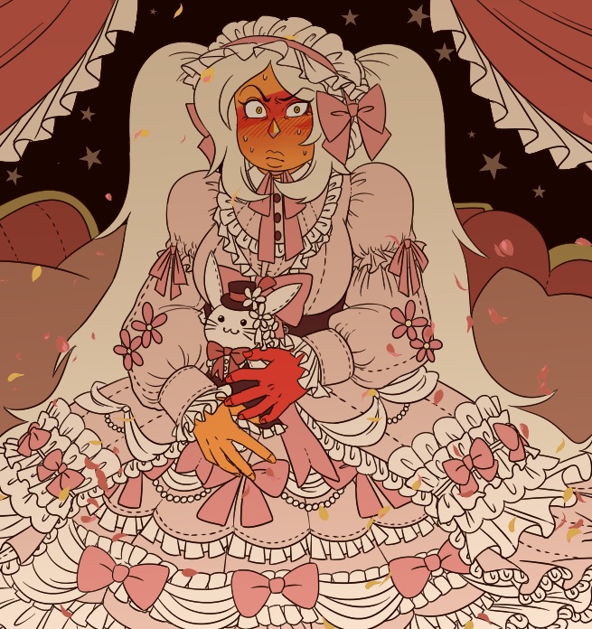 1girl blush cartoon_network dress embarrassed gold_eyes humiliation jasper_(steven_universe) lips lolita_fashion looking_at_viewer orange_skin steven_universe thick_lips twintails white_hair yellow_eyes