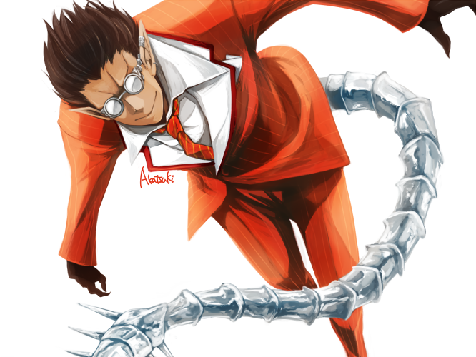 1boy akatsuki_(ver10000) demiurge earrings glasses jewelry male_focus necktie overlord_(maruyama) simple_background solo suit tail