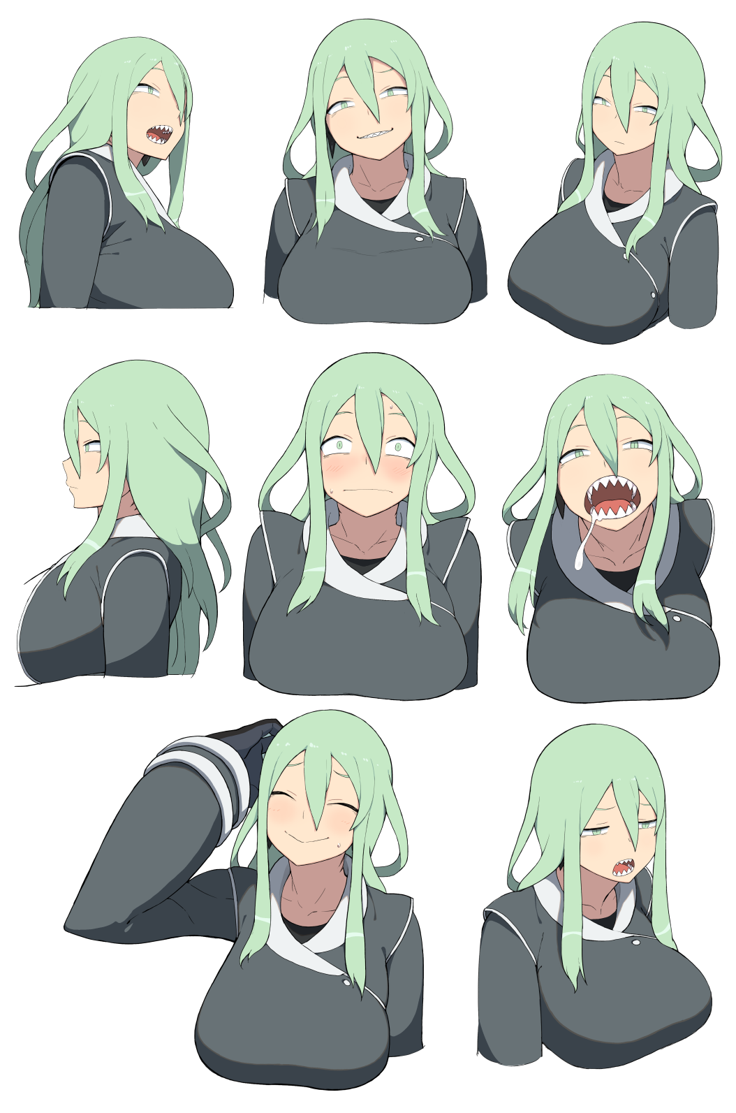 1girl accho_(macchonburike) blush breasts closed_eyes coat expressions female frown gloves gluttony_(deadly_sins) green_eyes green_hair grin highgain_(accho) highres large_breasts long_hair multiple_views open_mouth pixiv_fantasia pixiv_fantasia_t saliva seven_deadly_sins sharp_teeth simple_background slit_pupils smile solo surprised teeth tongue white_background