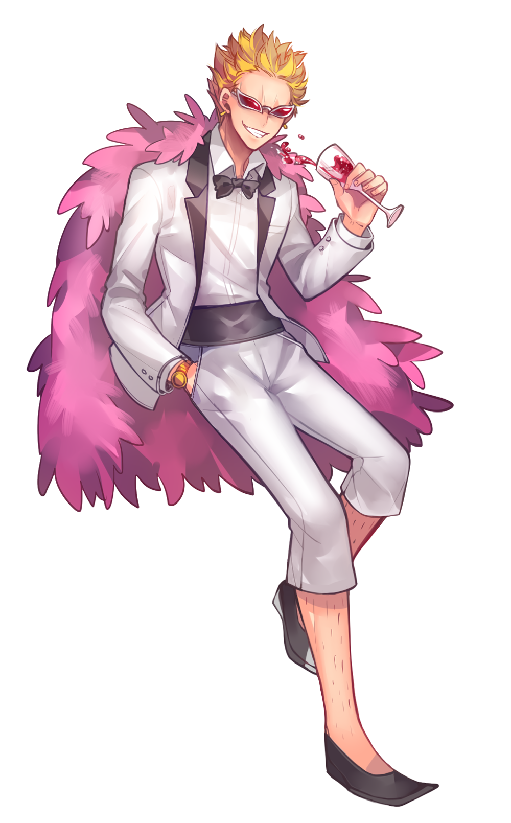 1boy bow bowtie capri_pants donquixote_doflamingo feathered_cape feathers male_focus one_piece pants simple_background solo sunglasses tuxedo white_suit