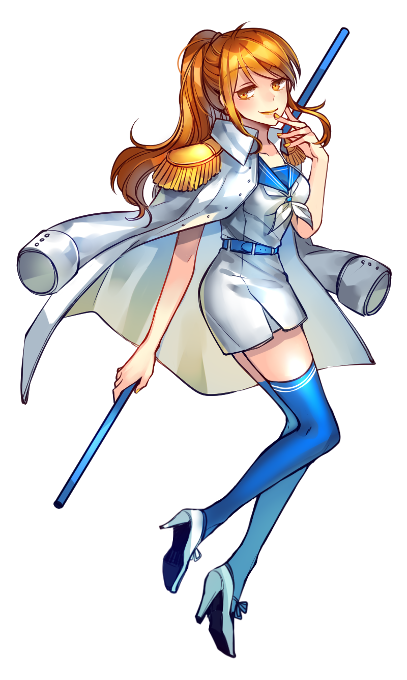 1girl alternate_costume full_body high_heels jacket_on_shoulders long_hair marine nami_(one_piece) one_piece orange_hair polearm simple_background solo staff thigh-highs uniform weapon white_shoes