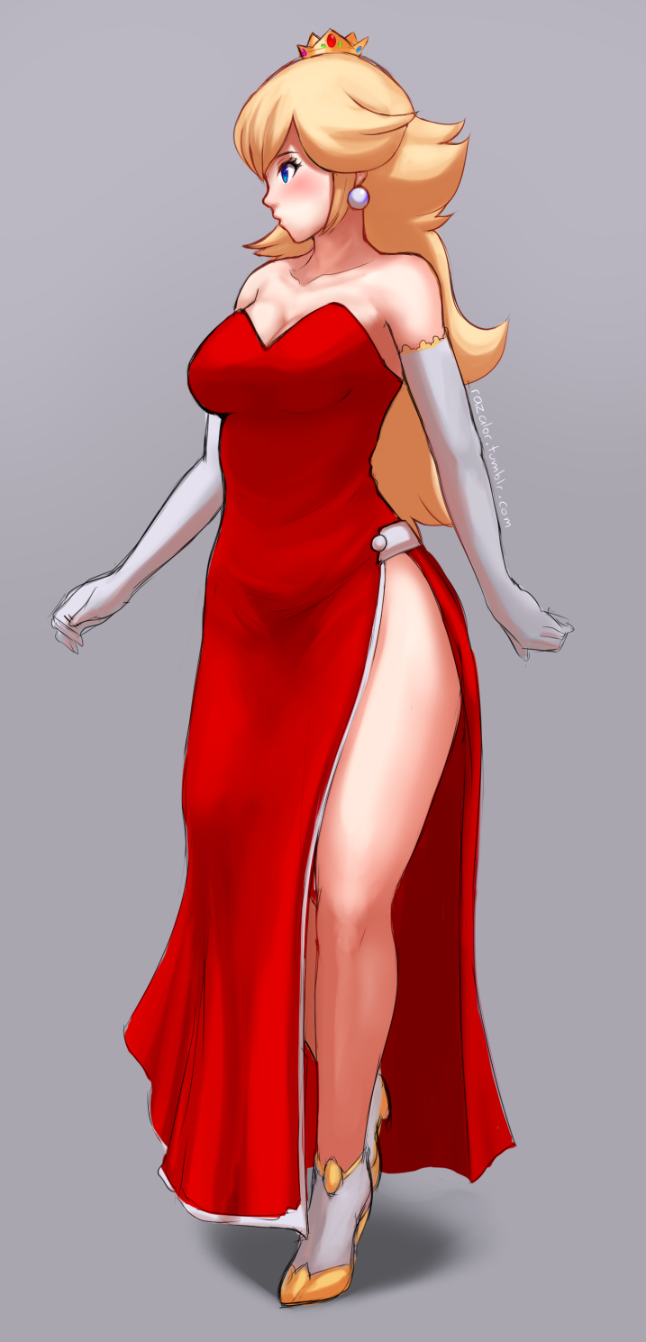 1girl blonde_hair breasts cleavage curvy dress earrings elbow_gloves gloves grey_background high_heels jewelry nintendo plain_background princess_peach razalor red_dress side_slit simple_background solo super_mario_bros.