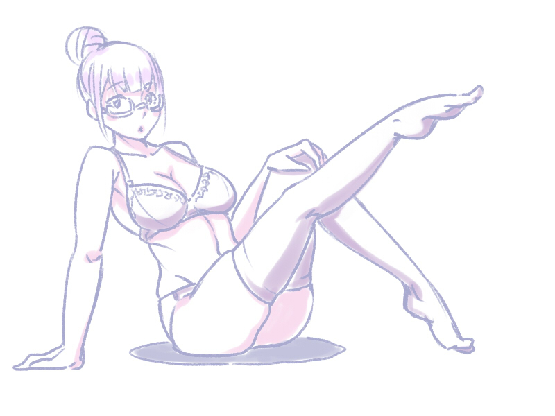 1girl arm_support bra breasts cleavage glasses hair_bun legs_up looking_at_viewer monochrome panties semi-rimless_glasses simple_background sitting skindentation solo teatime_(mike) thigh-highs under-rim_glasses underwear underwear_only white_background white_hair