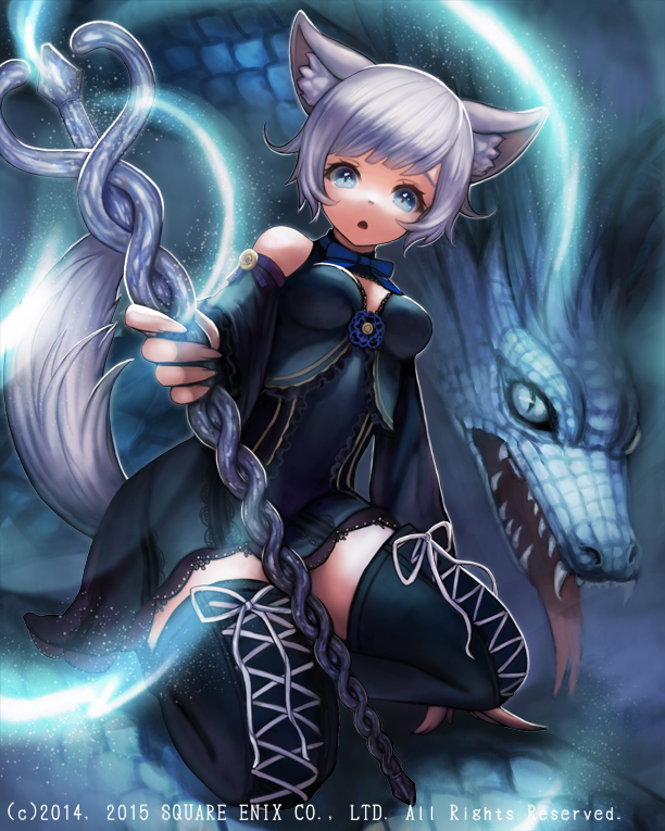 1girl _tsumugico_ animal_ears arm_support bare_shoulders black_dress black_legwear black_thighhighs blue_bow blue_eyes bow breasts cleavage detached_sleeves dragon dress female holding holding_weapon looking_at_viewer lost_crusade magic open_mouth original short_hair solo staff thigh-highs weapon white_hair zettai_ryouiki