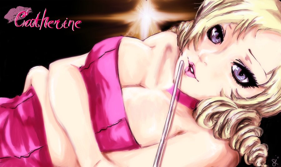 1girl atlus blonde_hair blue_eyes breasts catherine catherine_(game) character_name choker cleavage drill_hair eyelashes female lips lipstick looking_at_viewer makeup parted_lips pink_lips redraw serendipityhime_(artist) signature solo twin_drills upper_body video_game violet_eyes