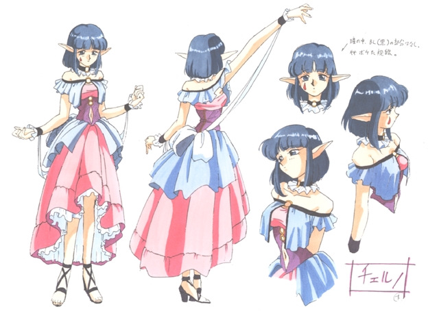 1girl bare_shoulders blue_eyes blue_hair breasts chelno_vastuuga choker concept_art dress female heels kimura_takahiro navel pc_engine pointy_ears short_hair simple_background solo standing steam_hearts tattoo