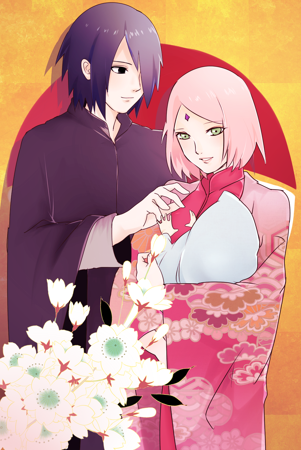 1boy 1girl artist_request baby black_eyes black_hair cloak facial_mark family forehead_mark gradient gradient_background green_eyes haruno_sakura husband_and_wife naruto pink_hair uchiha_sarada uchiha_sasuke