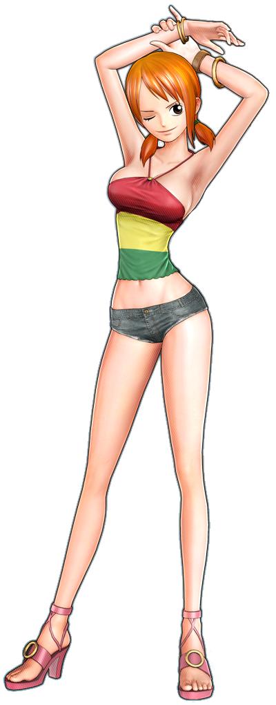 1girl 3d arms_up bare_legs bracelet breasts denim denim_shorts feet female full_body high_heel_sandals high_heels jewelry legs micro_shorts midriff nami_(one_piece) no_legwear no_socks one_eye_closed one_piece one_piece:_pirate_warriors open_shoes orange_hair pink_footwear sandals shoes short_shorts short_twintails shorts simple_background smile solo toeless_footwear toes twintails white_background wink