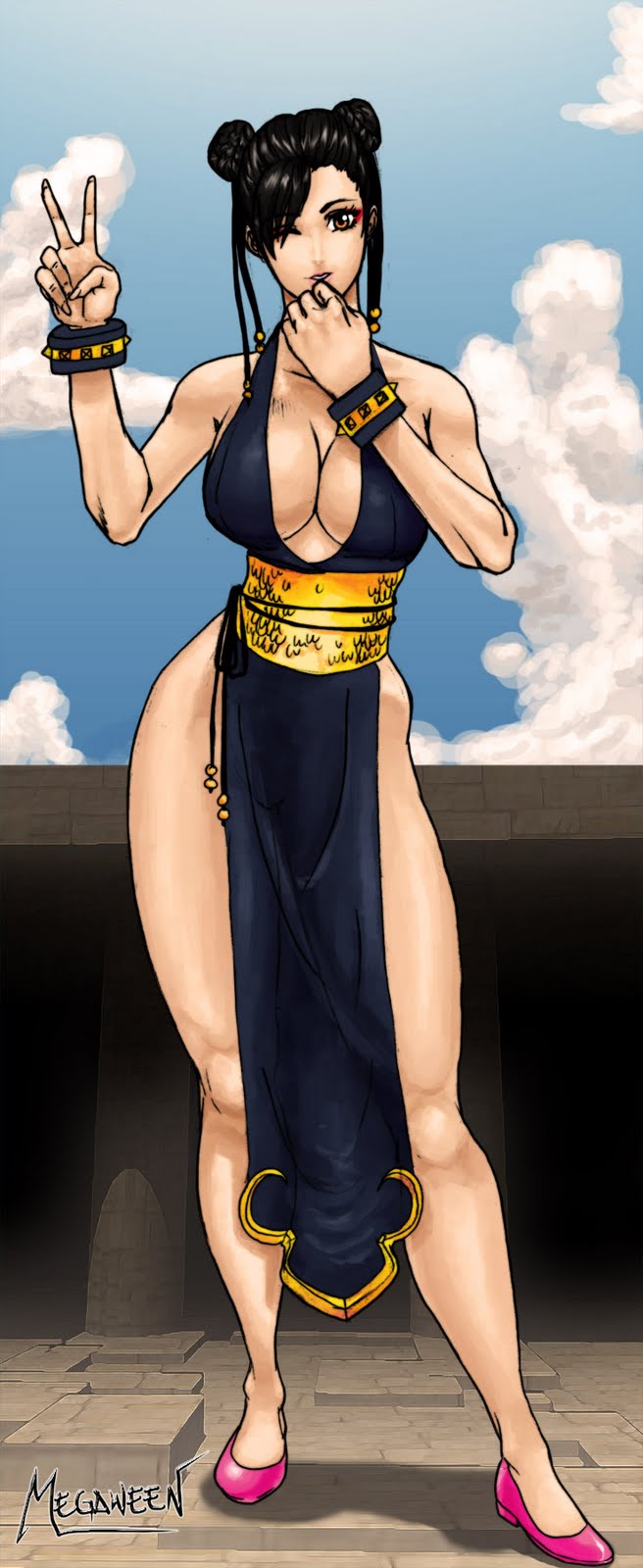 1girl alternate_costume artist_name bare_shoulders braid breasts capcom china_dress chinese_clothes chun-li cleavage dress female large_breasts looking_at_viewer short_hair sky smile solo street_fighter street_fighter_iv v