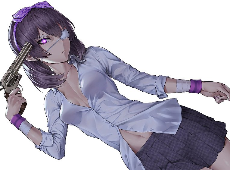 1girl bandage bandaged_arm black_hair breasts collarbone copyright_request dress_shirt dutch_angle eyepatch glowing glowing_eyes gun_to_head hairband hiiragi_yuuichi looking_at_viewer medium_breasts nail_polish navel no_bra pleated_skirt purple_nails shirt short_hair skirt sleeves_rolled_up solo sweatband unbuttoned unbuttoned_shirt violet_eyes white_background