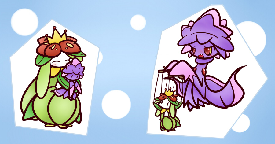 blush concave crown doll fang flower ghost green_hair hat lilligant mismagius nintendo no_humans open_mouth plant plant_girl pokemon pokemon_(game) puppet red_eyes simple_background witch witch_hat yellow_sclera
