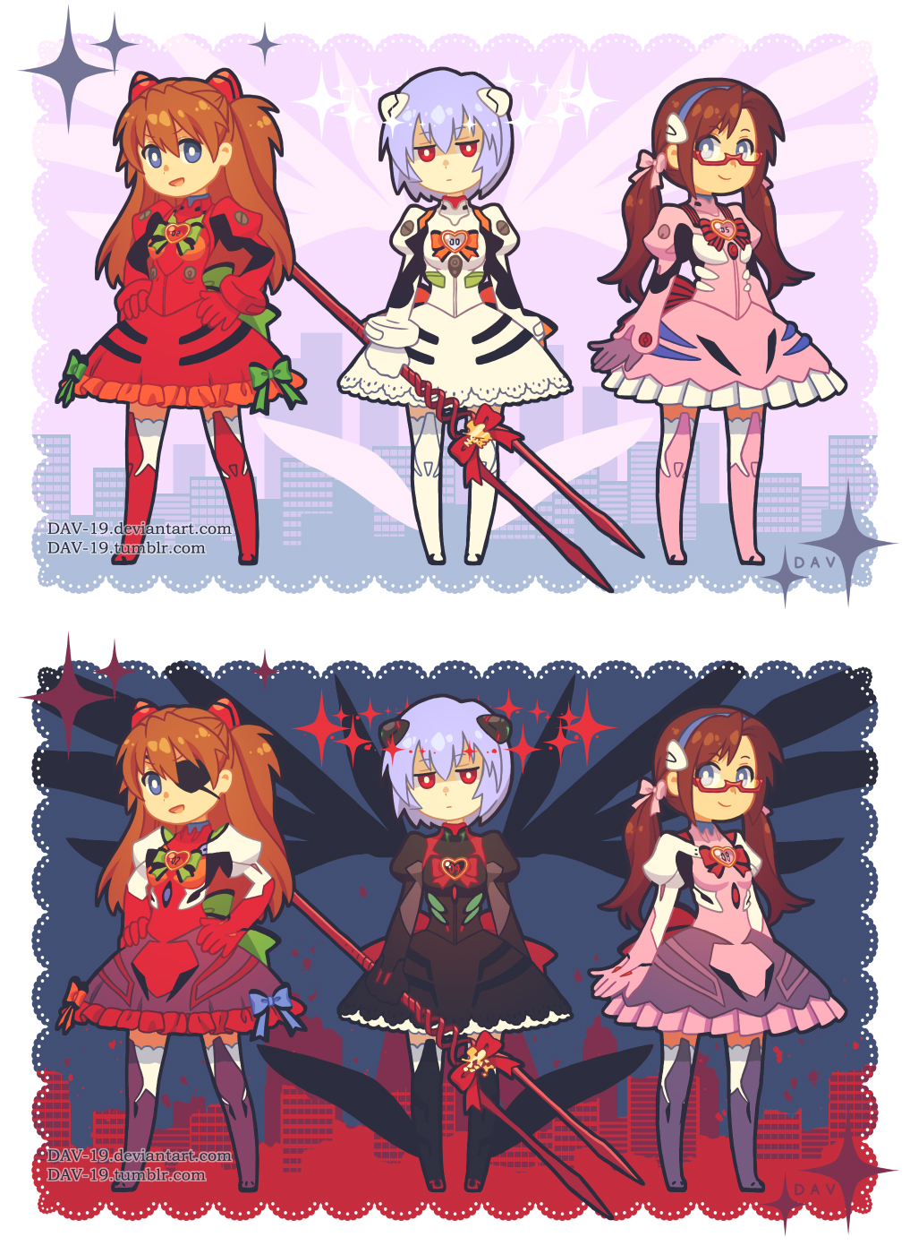 3girls adapted_costume ayanami_rei blue_hair border brown_hair city dav-19 dress dual_persona emotionless evangelion:_2.0_you_can_(not)_advance evangelion:_3.0_you_can_(not)_redo expressionless eyepatch glasses hairband lance_of_longinus makinami_mari_illustrious multiple_girls neon_genesis_evangelion rebuild_of_evangelion smile souryuu_asuka_langley sparkle twintails