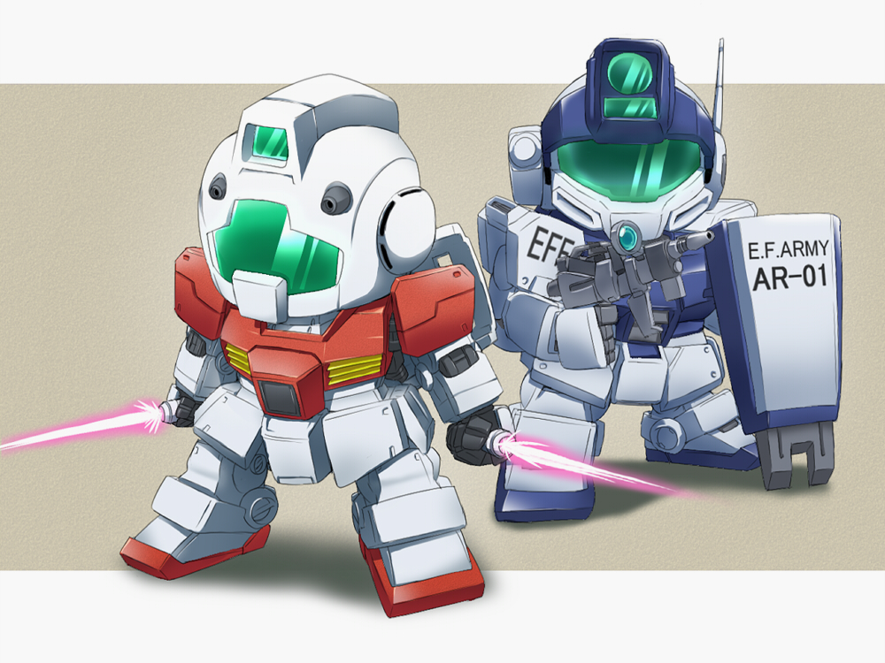 artist_request chibi dual_wielding energy_sword gm_(mobile_suit) gm_sniper_ii gun gundam gundam_side_story:_rise_from_the_ashes mecha mobile_suit_gundam shield simple_background sword weapon