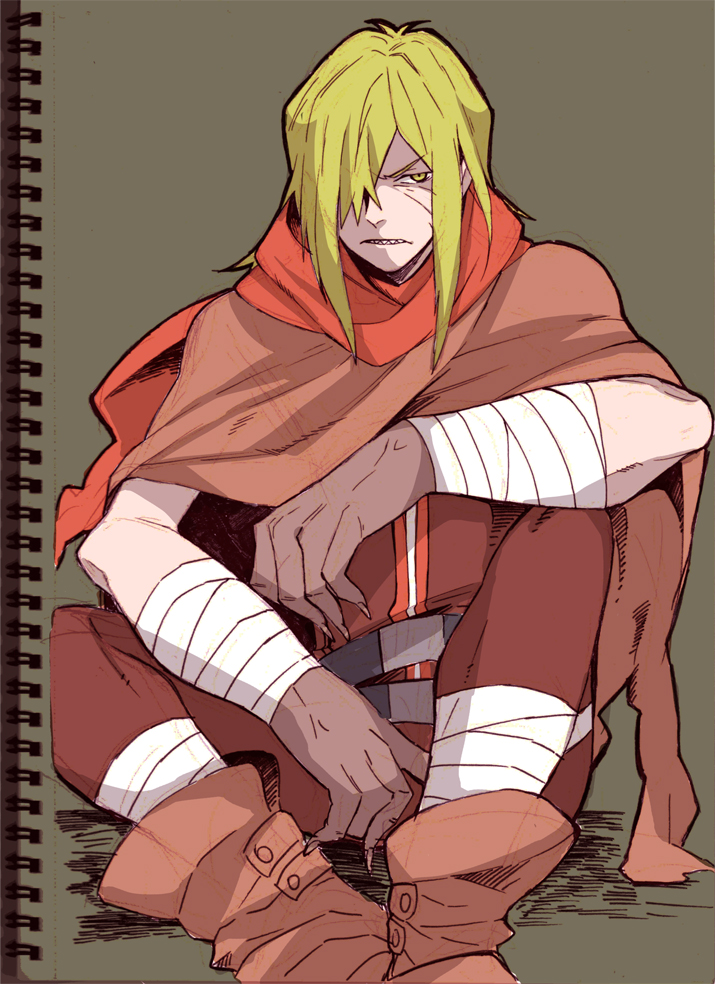 &gt;:( 1boy bandage bandaged_arm bandaged_leg belt blonde_hair boots brown_background brown_cape cape claws commentary_request doramukanotoko eyebrows_visible_through_hair facial_scar frown hair_over_one_eye knee_up long_hair male_focus multiple_belts orange_scarf oversized_limbs pants scar scarf sharp_teeth simple_background sitting sketch sketchbook sleeveless solo teeth tengen_toppa_gurren_lagann viral yellow_eyes