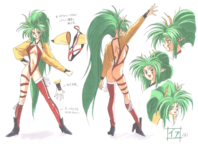 1girl ass asymmetrical_clothes bikini breasts concept_art female green_eyes green_hair heels horns kimura_takahiro long_hair navel pc_engine pointy_ears simple_background solo standing steam_hearts swimsuit yea_taltekisans