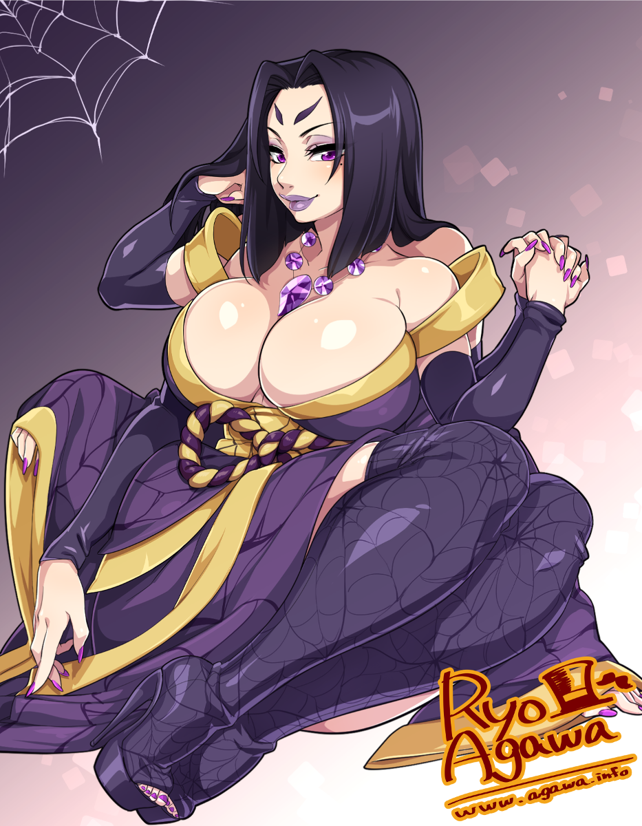1girl agawa_ryou arm_warmers bare_shoulders black_hair borrowed_character breasts cleavage eyeshadow female gradient gradient_background high_heels insect_girl japanese_clothes jewelry kimono lady_onikumo large_breasts lipstick long_hair looking_at_viewer makeup monster_girl multiple_arms nail_polish necklace open_toe_shoes original platform_footwear platform_heels print_legwear shoes sitting smile solo spider_girl spider_web spider_web_print stiletto_heels thigh-highs toenail_polish violet_eyes