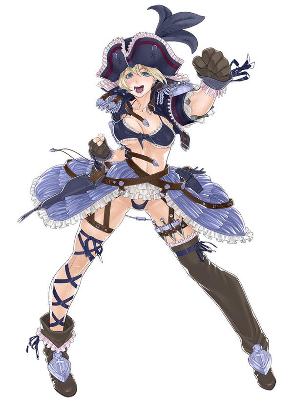 1girl blonde_hair breasts cassandra_alexandra cleavage concept_art female gloves hat large_breasts official_art pirate simple_background solo soul_calibur soulcalibur:_lost_swords under_boob yamatogawa
