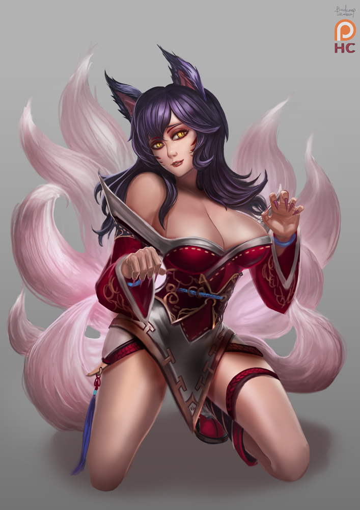 1girl ahri animal_ears badcompzero bare_shoulders black_hair breasts cleavage female fox_ears fox_tail full_body gradient gradient_background kneeling large_breasts league_of_legends long_hair looking_at_viewer nail_polish parted_lips smile solo tagme tail yellow_eyes