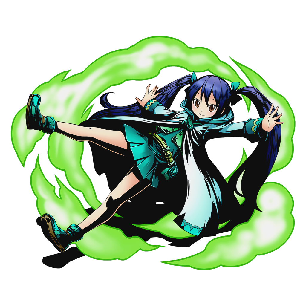 1girl blue_hair boots bow brown_eyes cape divine_gate dress fairy_tail full_body green_boots green_bow green_dress hair_bow hood long_hair looking_at_viewer official_art outstretched_arms pleated_dress shadow smile solo transparent_background twintails ucmm very_long_hair wendy_marvell
