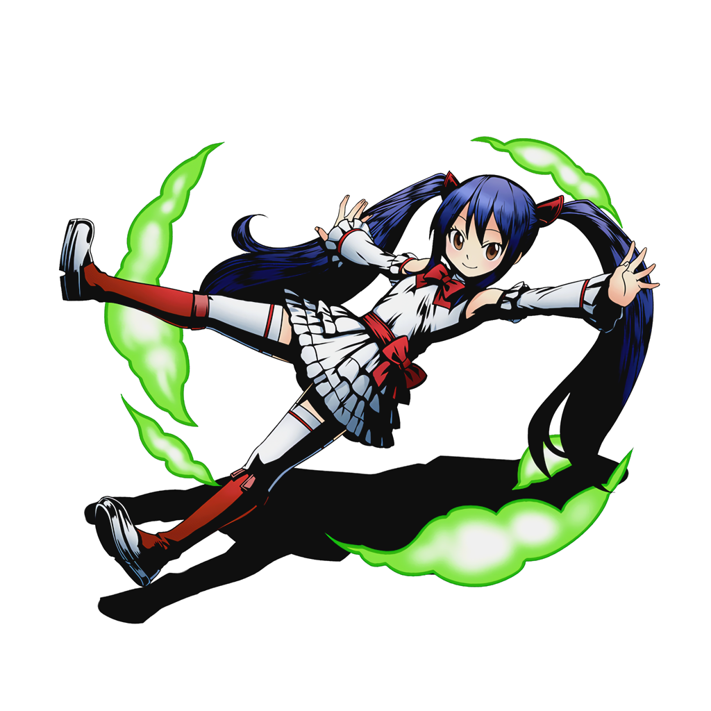 1girl armpits blue_hair boots bow bowtie brown_eyes detached_sleeves divine_gate fairy_tail full_body hair_ornament knee_boots layered_skirt long_hair looking_at_viewer official_art outstretched_arms red_boots red_bow shadow shirt skirt sleeveless sleeveless_shirt smile solo thigh-highs transparent_background twintails ucmm very_long_hair wendy_marvell white_legwear white_shirt white_skirt