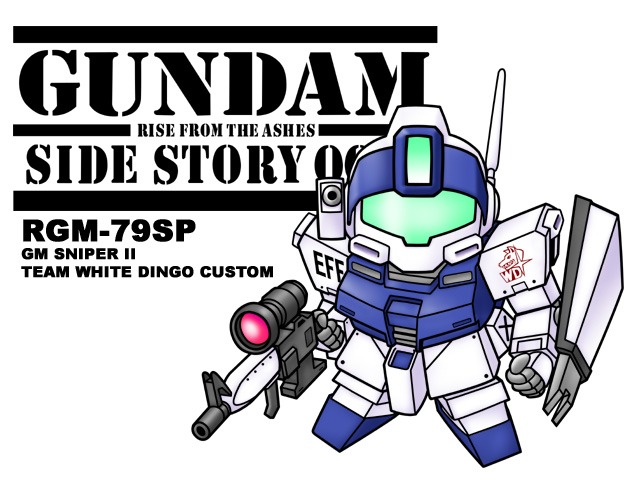 character_name chibi copyright_name gm_sniper_ii gun gundam gundam_side_story:_rise_from_the_ashes mecha no_humans rifle scope shield simple_background sniper_rifle solo stolas_(lemegeton) weapon