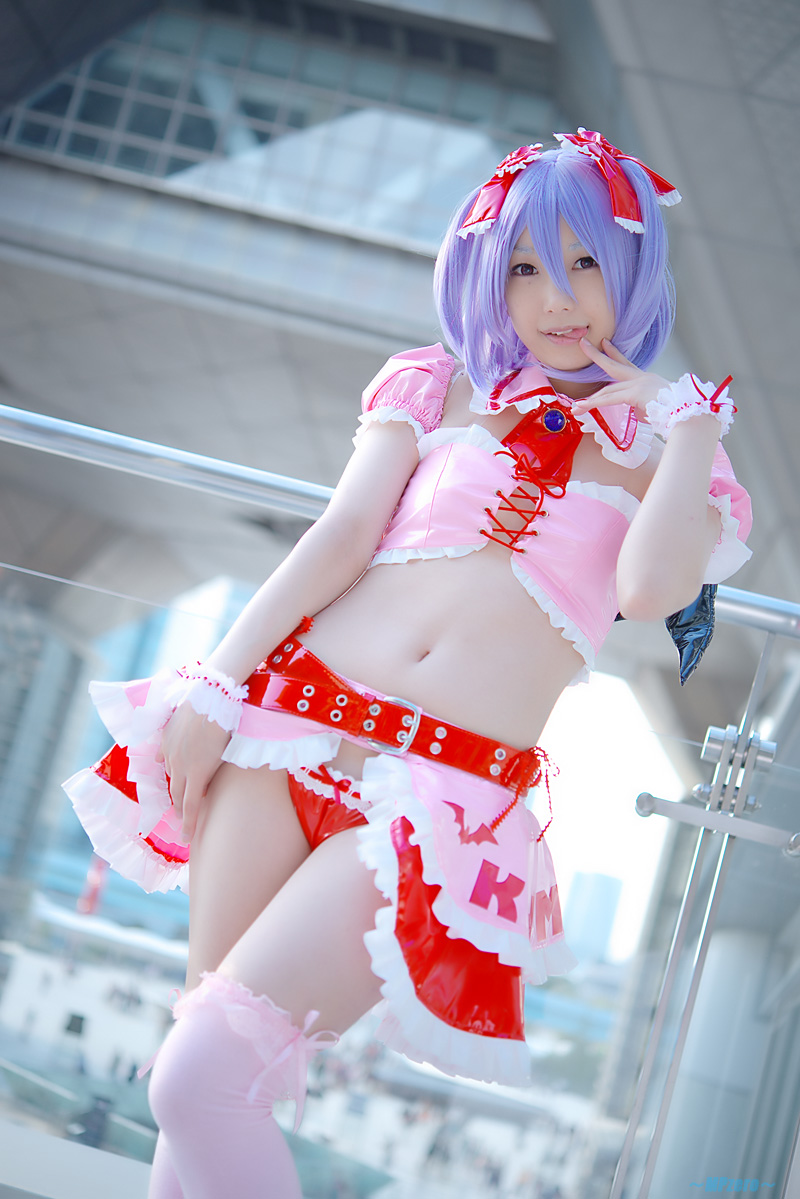 1girl cosplay female japanese legwear midriff navel photo purple_hair red_eyes solo tongue tongue_out