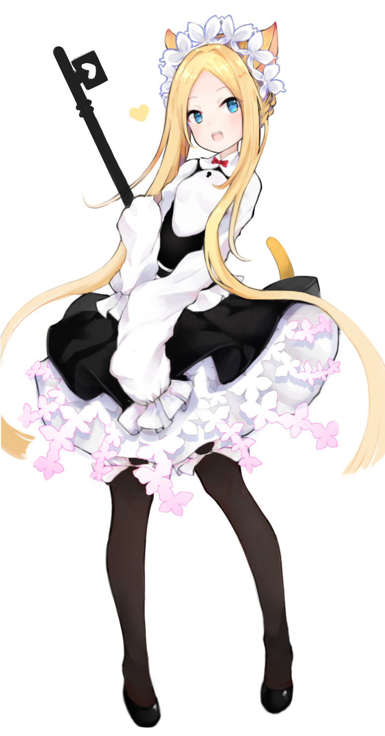 1girl abigail_williams_(fate/grand_order) animal_ears bangs blonde_hair breasts cat_ears cat_tail commentary_request dress fate/grand_order fate_(series) frills heart highres holding_key kemonomimi_mode long_hair looking_at_viewer open_mouth pantyhose parted_bangs revision simple_background sleeves_past_fingers sleeves_past_wrists small_breasts solo tail white_background white_dress yeong