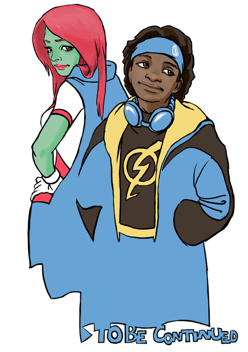 1boy 1girl alien black_hair brown_eyes cape company_connection dark_skin dc_comics gloves goggles goggles_around_neck green_skin hairlocs hands_in_pockets hands_on_hips jacket mask miss_martian redhead simple_background skirt static_shock teen_titans virgil_ovid_hawkins