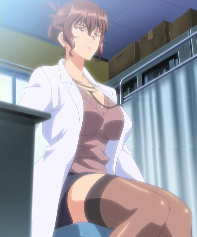 1girl barefoot black_legwear breasts brown_eyes brown_hair female katsuragi_aiko labcoat large_breasts rinkan_club school screencap short_hair sitting stethoscope stitched thigh-highs