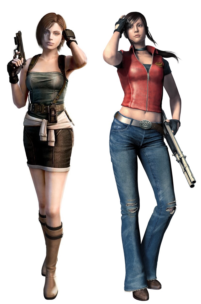 2girls 3d brown_hair claire_redfield denim jeans jill_valentine multiple_girls pants resident_evil simple_background skirt tubetop vest