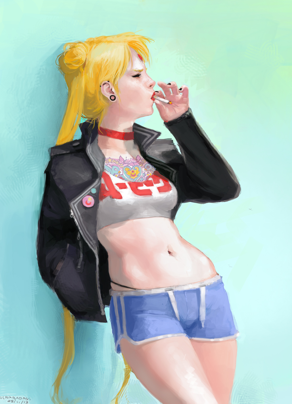 1girl against_wall alternate_costume artist_name bangs bishoujo_senshi_sailor_moon black_nails blonde_hair choker cigarette closed_eyes dated double_bun gradient gradient_background hand_in_pocket highleg_panties jacket leaning_back midriff navel realistic red_lips sailor_moon short_shorts shorts simple_background smoking solo standing tattoo tsukino_usagi twintails ulrik very_long_hair