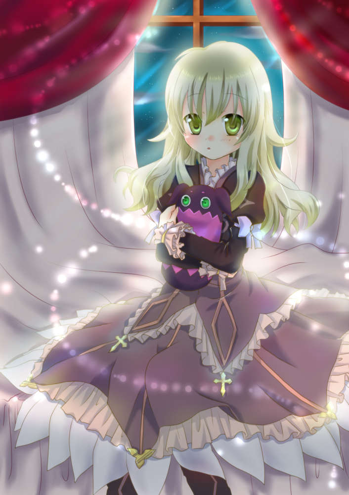 1girl blush boots bracelet dress elize_lutus frills green_eyes green_hair jewelry long_hair open_mouth tales_of_(series) tales_of_xillia teepo_(tales)