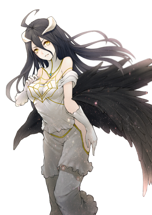 1girl albedo black_hair hip_vent horns kyoeiki long_hair overlord_(maruyama) simple_background solo yellow_eyes