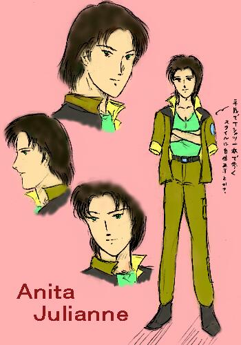 1girl anita_julianne character_name character_sheet crossed_arms female flat_color gundam gundam_side_story:_rise_from_the_ashes military military_uniform simple_background solo uniform