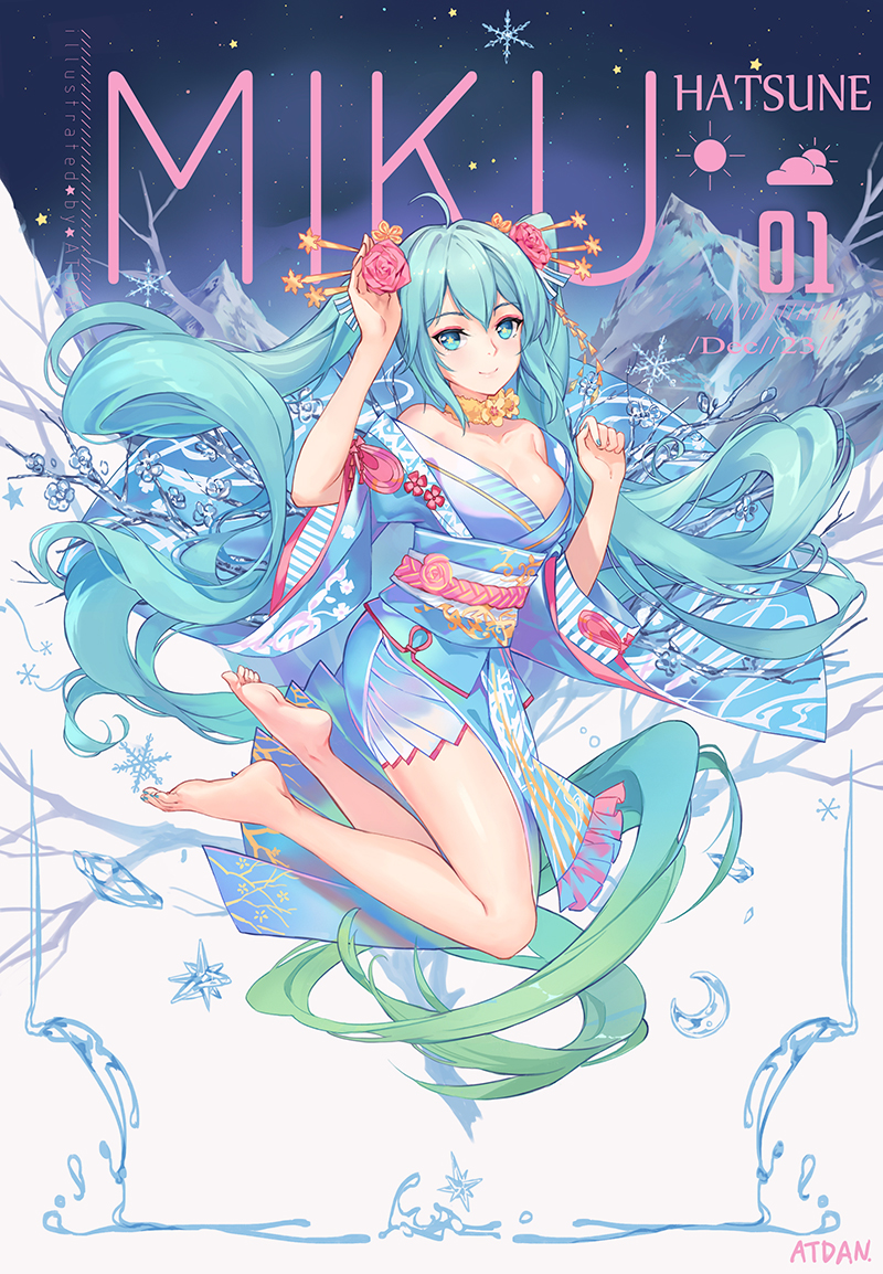 1girl ahoge artist_name atdan bare_legs bare_shoulders barefoot blue_eyes blue_hair blue_kimono blue_nails blush breasts character_name cleavage closed_mouth collarbone crescent dated flower frills full_body hair_flower hair_ornament hair_stick hand_up hatsune_miku ice japanese_clothes kimono long_hair long_sleeves looking_at_viewer medium_breasts midair mountain nail_polish night night_sky obi off_shoulder orange_choker outdoors pink_rose rose sash shiny shiny_skin sky smile snowflakes solo star star-shaped_pupils striped symbol-shaped_pupils toenail_polish very_long_hair vocaloid wide_sleeves