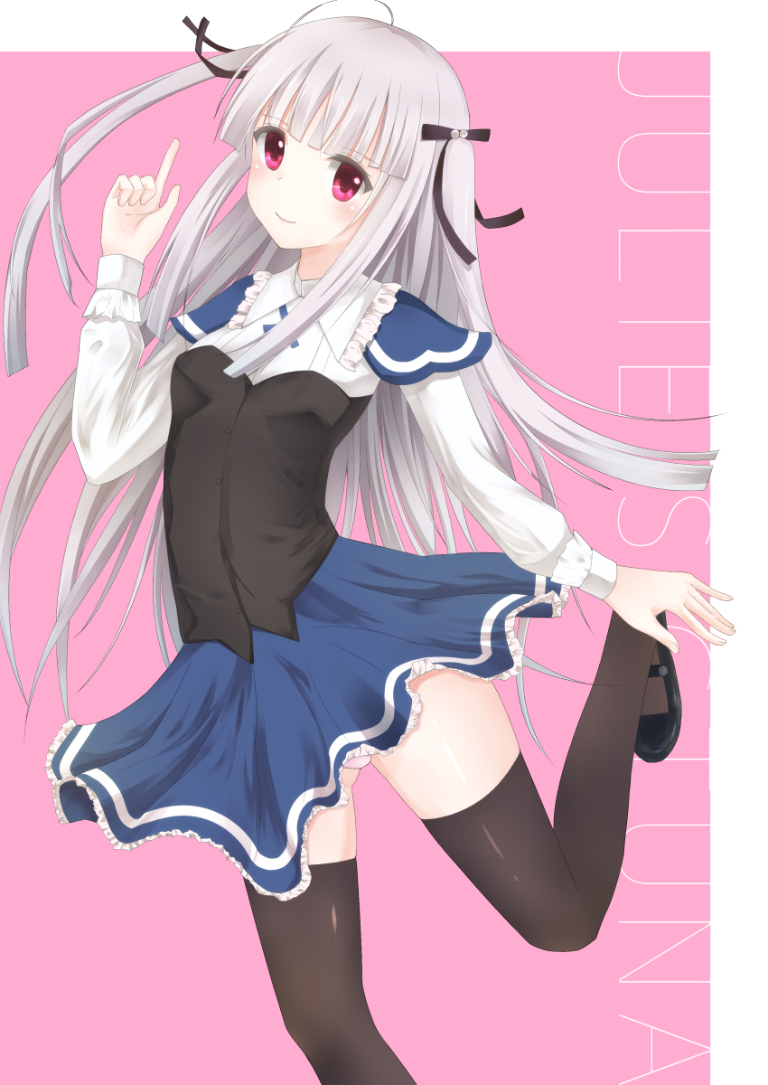 1girl absolute_duo ahoge breasts character_name frills grey_hair hair_ornament long_hair pink_background pink_eyes ribbon school_uniform simple_background skirt smile solo thigh-highs twintails yurie_sigtuna