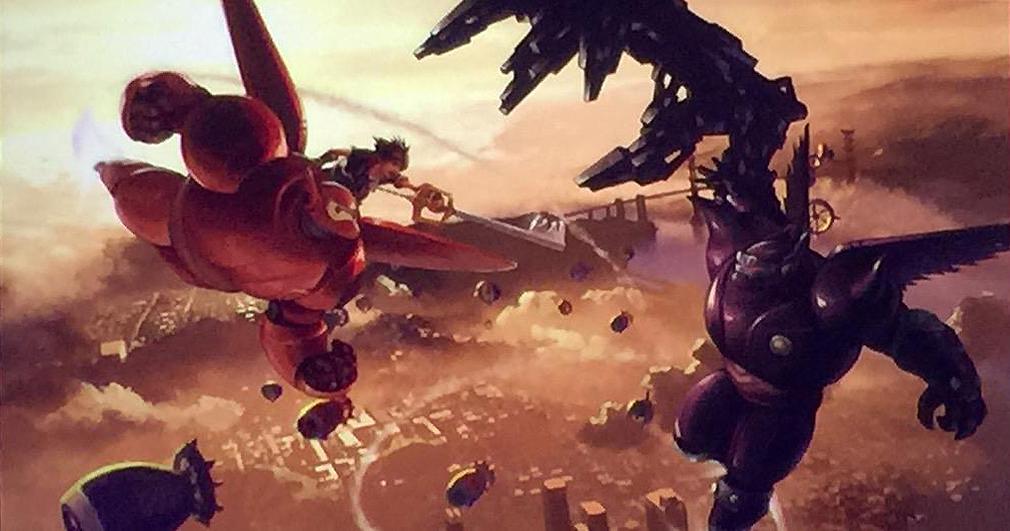 1boy battle baymax big_hero_6 city crossover dark_persona disney flying keyblade kingdom_hearts kingdom_hearts_iii lowres marvel nomura_tetsuya official_art robot scenery sora_(kingdom_hearts) sunset weapon wings