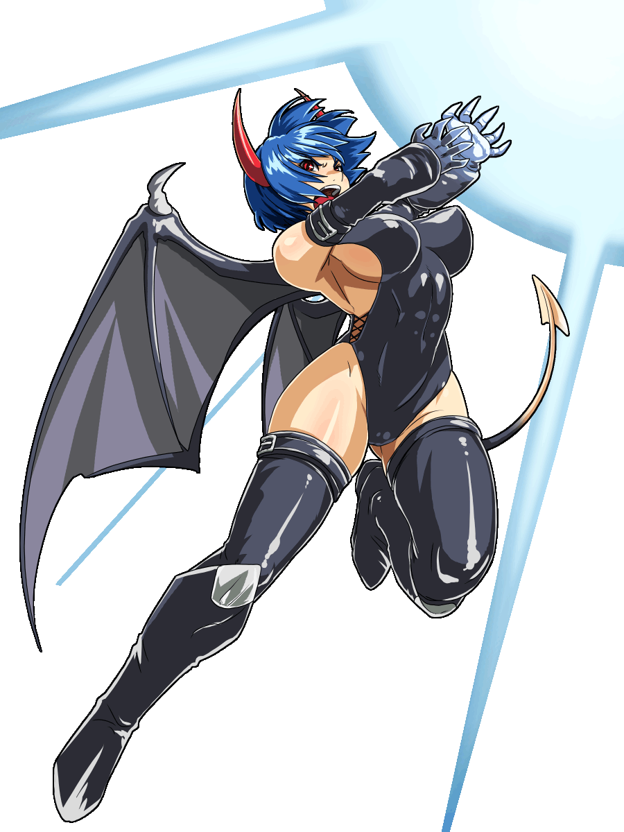 1girl 90s blue_hair blush breasts cleavage curvy demon_girl energy erect_nipples feet female fushisha_o horns large_breasts magic monster_farm monster_girl open_mouth pixie_(monster_farm) pointy_ears poison_(monster_farm) red_eyes shiny shiny_skin short_hair sideboob simple_background solo succubus tail thick_thighs wide_hips wings