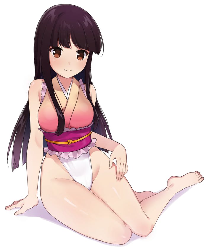 1girl adapted_costume bangs bare_legs barefoot black_hair blunt_bangs blush breasts brown_eyes closed_mouth commentary commission frilled_kimono frills full_body highleg highleg_leotard houraisan_kaguya japanese_clothes kimono leotard long_hair looking_at_viewer medium_breasts mokki_(smtkmokki) obi obiage obijime pink_kimono sash sidelocks simple_background sitting skeb_commission sleeveless sleeveless_kimono smile solo straight_hair thighs touhou touhou_tag_dream white_background white_leotard yokozuwari