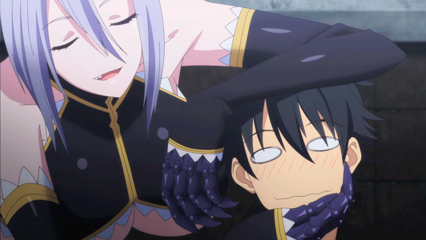 1boy 1girl animated animated_gif breasts kurusu_kimihito large_breasts monster_girl monster_musume_no_iru_nichijou rachnera_arachnera short_hair smile spider_girl standing under_boob