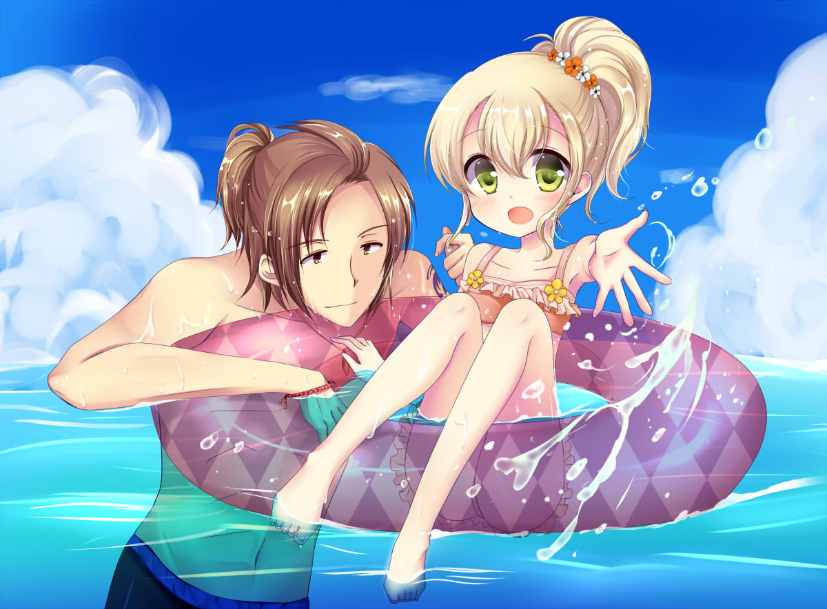 1boy 1girl alvin_(tales) bare_shoulders barefoot bikini blush brown_eyes brown_hair elize_lutus flat_chest flower frills green_eyes jewelry midriff navel necklace open_mouth ponytail short_hair smile swimsuit tales_of_(series) tales_of_xillia tattoo water