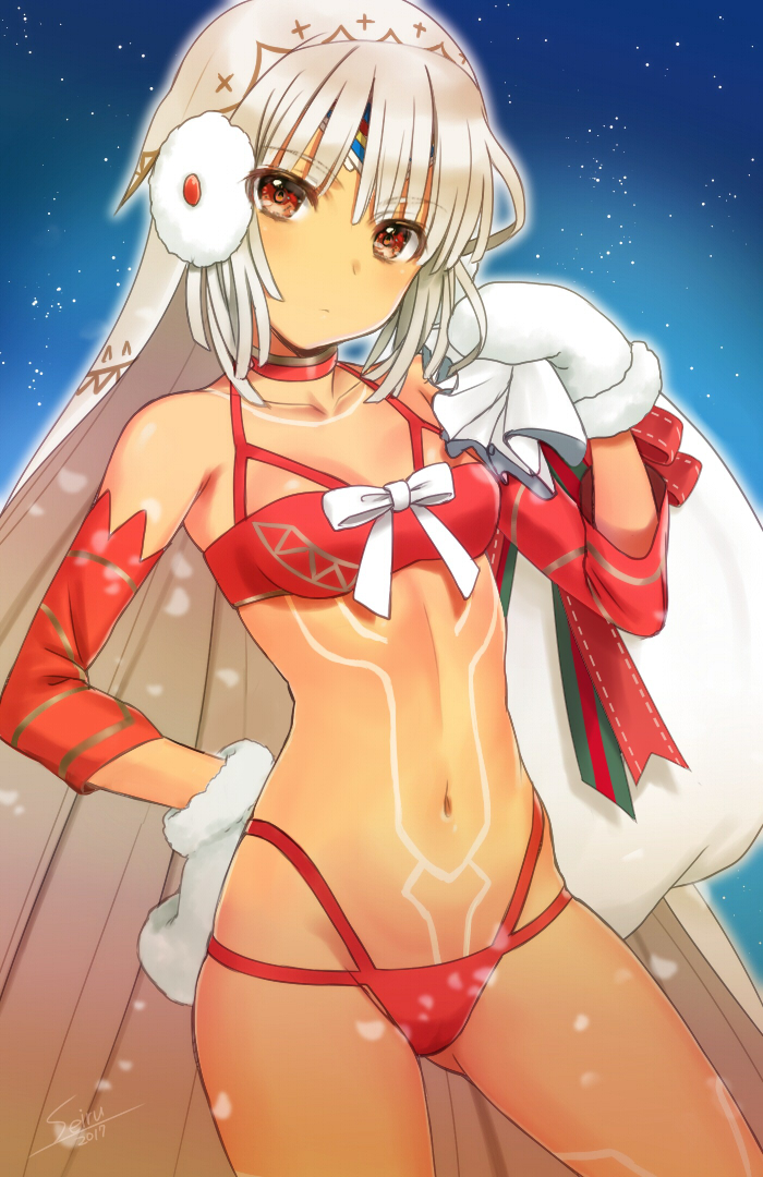 1girl altera_the_santa bangs bare_shoulders bikini blue_background blush breasts closed_mouth collarbone contrapposto cowboy_shot dark_skin dated detached_sleeves fate/grand_order fate_(series) forehead_protector fur_trim gluteal_fold gradient gradient_background hand_on_hip head_tilt hijiri_ruka light_particles long_sleeves looking_at_viewer mittens navel over_shoulder red_bikini red_choker red_eyes sack short_hair signature silver_hair small_breasts solo standing stomach swimsuit tattoo thighs veil
