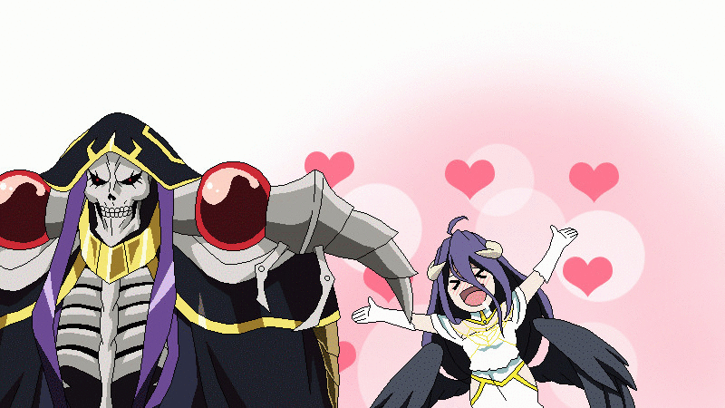 &gt;_&lt; 1girl ahoge ainz_ooal_gown albedo animated animated_gif artist_request black_wings blush breasts cleavage closed_eyes demon_girl dress gloves hair_between_eyes happy heart horns large_breasts lich long_hair looking_back open_mouth overlord_(maruyama) pauldrons purple_hair saliva skeleton ugoira white_dress white_gloves wings