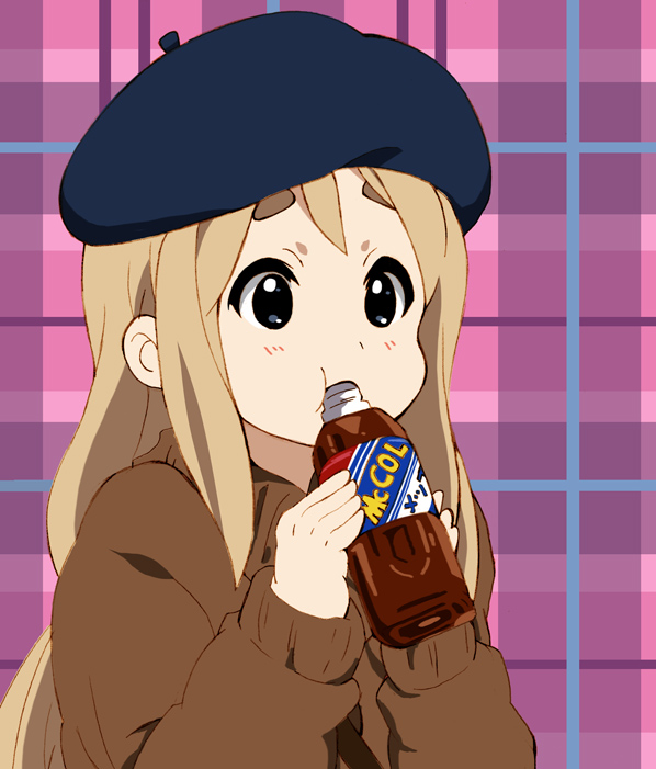 1girl bad_moon blonde_hair blue_eyes bottle hat k-on! k-on!_movie kotobuki_tsumugi long_hair plaid plaid_background solo