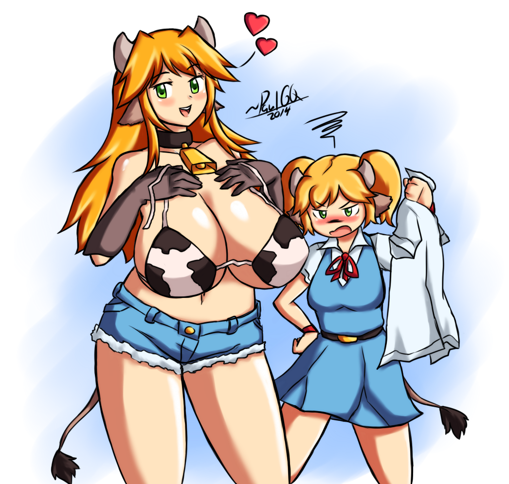 2girls age_difference animal_ears bell bikini_top blush breast_envy breasts brown_gloves collar cow_ears cow_girl cow_horns cow_print cow_tail denim elbow_gloves female gloves gradient gradient_background green_eyes horns huge_breasts jeans miranda_(paulgq) multiple_girls navel open_mouth orange_hair original pants paulgq shorts smile standing tail twintails