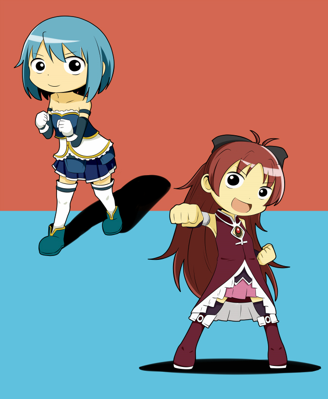 2girls :d bangs black_eyes blue_skirt bow mahou_shoujo_madoka_magica miki_sayaka multiple_girls open_mouth pink_skirt pleated_skirt sakura_kyouko shadow shiitake_nabe_tsukami shoes short_hair simple_background skirt smile thigh-highs very_long_hair