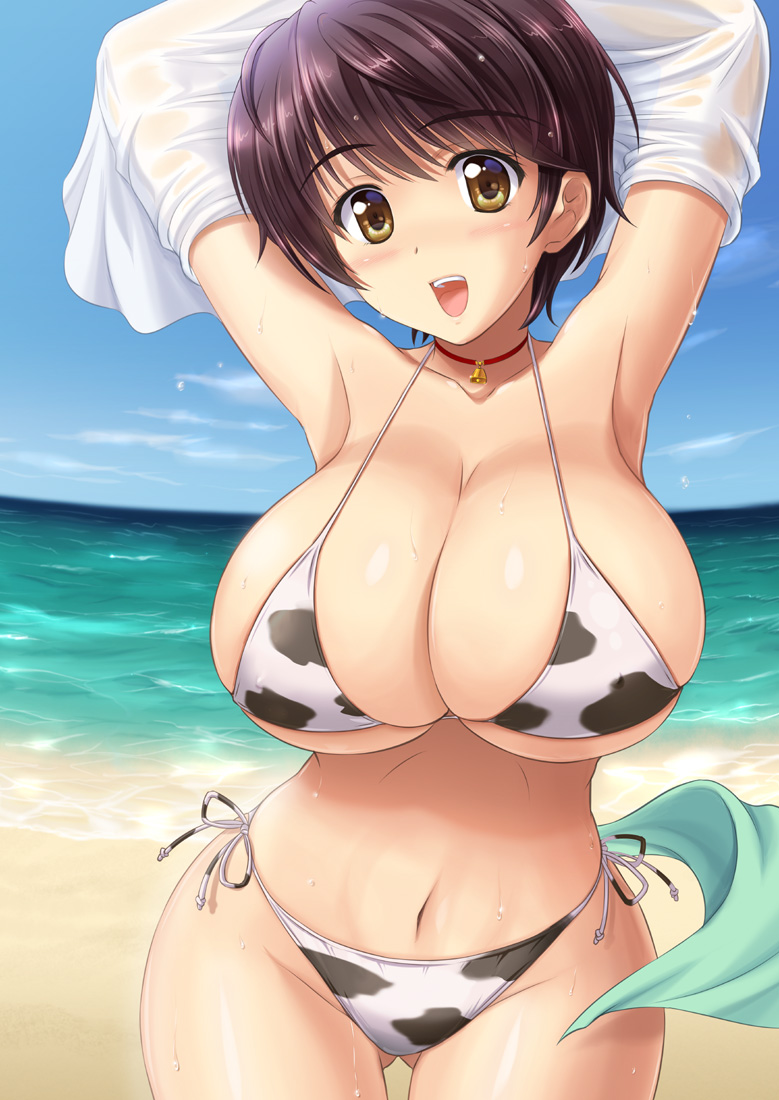 1girl arms_up beach bell bell_choker bikini black_hair blush breasts brown_eyes brown_hair choker cleavage cow_print curvy erect_nipples female gluteal_fold huge_breasts idolmaster idolmaster_cinderella_girls kishi_nisen large_breasts looking_at_viewer navel oikawa_shizuku open_mouth short_hair smile solo swimsuit undressing water wet wide_hips