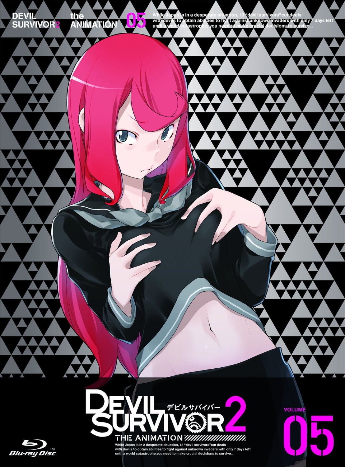 1girl ban_airi breasts devil_survivor_2 geometric_pattern gradient gradient_background grey_eyes hands_on_breasts holding_breasts long_hair looking_at_viewer megami_ibunroku_devil_survivor navel official_art pink_hair school_uniform skirt solo sweatdrop unzipped yasuda_suzuhito