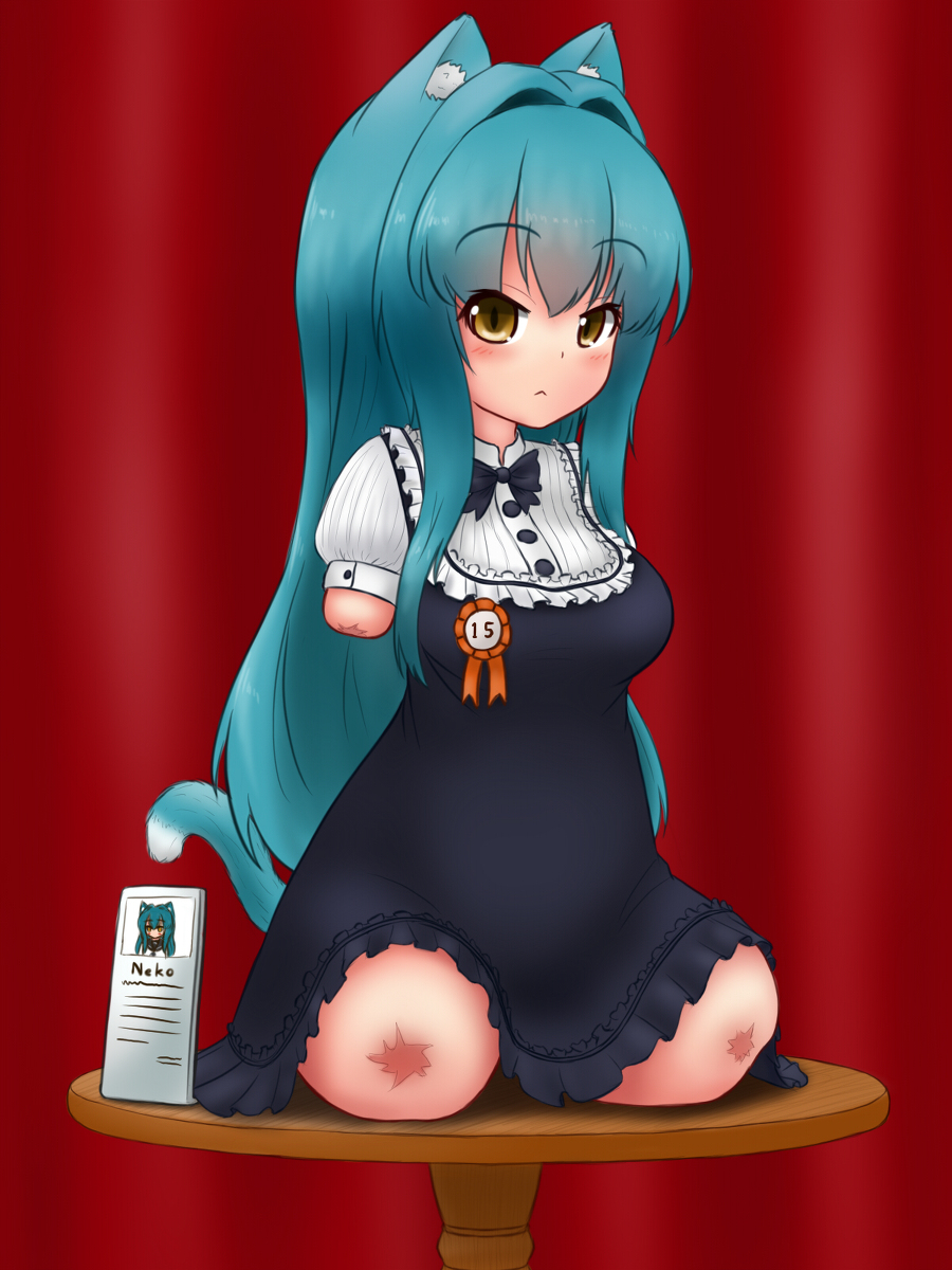 1girl amputee animal_ears animal_tail blue_hair blush bow brown_eyes cat_ears cat_tail dress looking_at_viewer mikeysukairain quadruple_amputee ribbon sitting solo table tail very_long_hair