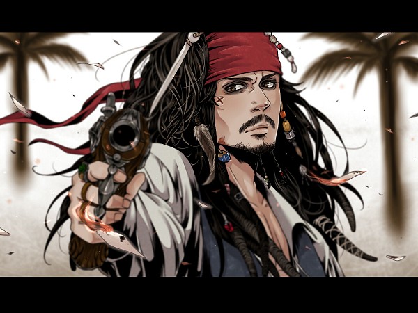 1boy bandanna beard brown_eyes brown_hair disney earrings eyeshadow face facial_hair gradient gradient_background gun jack_sparrow jewelry johnny_depp makeup male_focus mustache pirate pirates_of_the_caribbean solo weapon